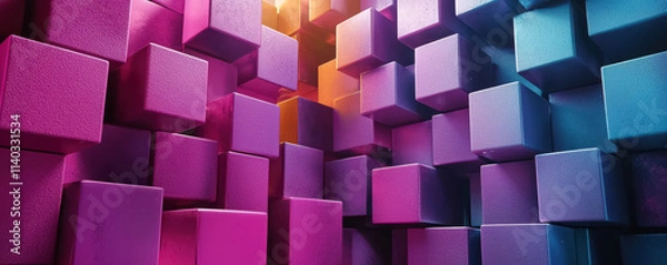 Fototapeta Abstract Geometric Wall with Purple and Blue 3D Cubes. A futuristic illustration featuring textured cubes in shades of purple, pink, and blue with glowing highlights.
