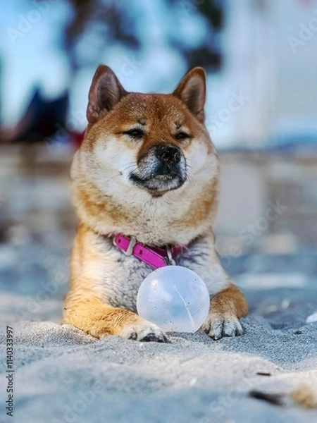 Fototapeta Adorable red Shiba Inu dog relaxing on a sandy beach in summer, playfully resting next to a ball. High-quality, pet-friendly image perfect for vacation, outdoor, or lifestyle projects. Copy space.