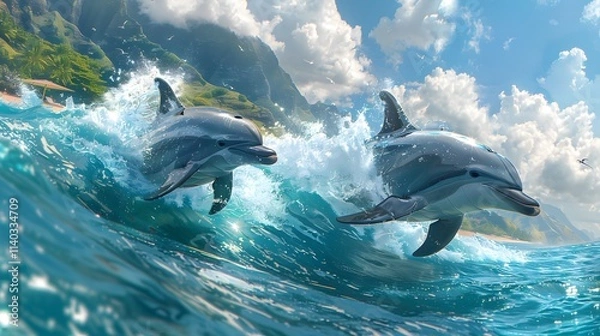 Fototapeta Sunny Beach Realistic characters Surfing Dolphin