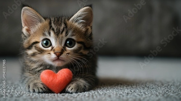 Fototapeta A cute kitten holds a heart in its paws - a symbol of love. Fluffy kitten with a heart in its paws.