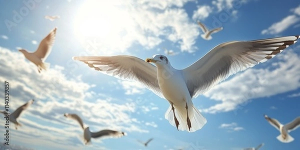 Fototapeta A flock of seagulls gracefully soars through the sky, showcasing their elegance and beauty as they navigate the open air with ease, creating a mesmerizing scene of seagulls in flight.