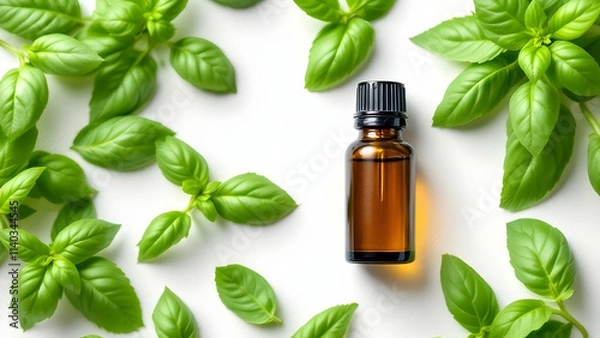 Obraz A small amber glass bottle of basil essential oil, surrounded by fresh basil leaves, arranged on a clean white background. The image focuses on realistic textures and vibrant green tones.