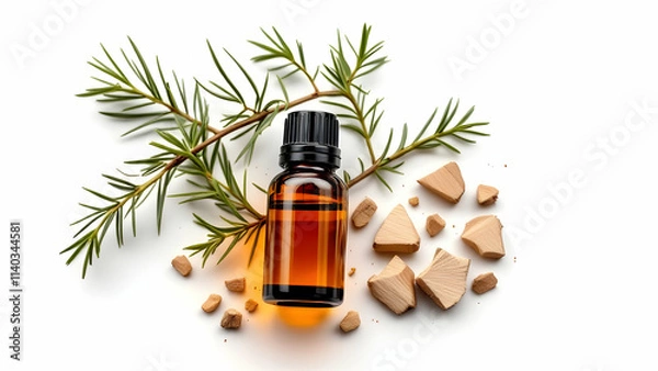 Fototapeta A high-quality image of an amber bottle of cedarwood essential oil, accompanied by fresh cedarwood twigs and small pieces of wood, captured on a white background. The composition emphasizes natural te