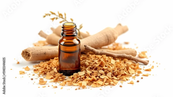 Obraz A small amber glass bottle of sandalwood essential oil, surrounded by sandalwood shavings and a small twig, arranged on a white background. The photorealistic composition highlights the textures