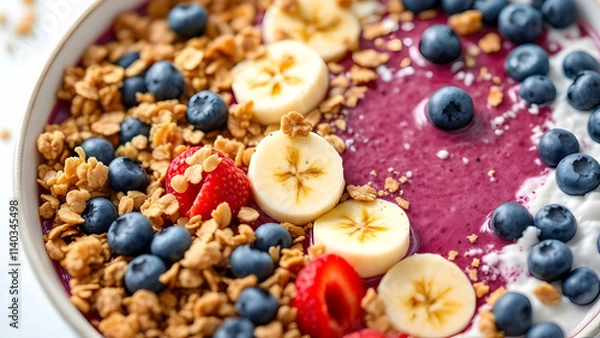 Fototapeta A large wooden bowl of mixed berry smoothie topped with granola, sliced bananas, and fresh blueberries. The vibrant colors pop against the clean white background