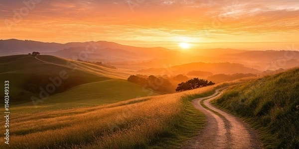 Obraz Sunrise over hills with a winding path in the foreground, showcasing the beauty of a serene landscape. The hills during sunrise present a captivating view that invites exploration and tranquility.