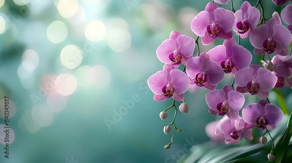 Fototapeta A bunch of purple orchids are hanging from a tree