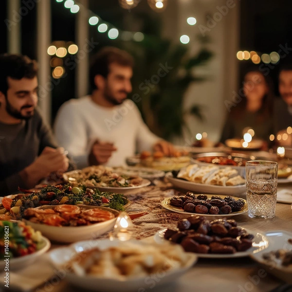 Fototapeta A cozy family gathering during Ramazan’s iftar. The table is set with traditional dishes and delicious meals, creating a warm, festive atmosphere to celebrate the end of the fast in a private home.