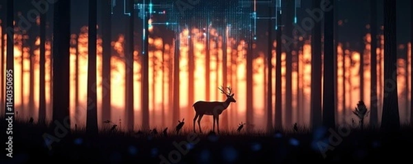 Fototapeta Environmetal Stakeholder engagement Biodiversity A deer stands in a glowing forest with digital elements in the background.