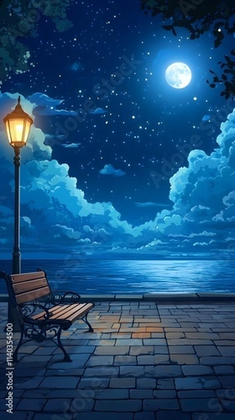 Fototapeta A bench on the seaside promenade, brick floor with streetlights, a cartoon-style night sky, moonlight shining in the distance