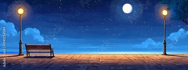Fototapeta A bench on the seaside promenade, brick floor with streetlights, a cartoon-style night sky, moonlight shining in the distance