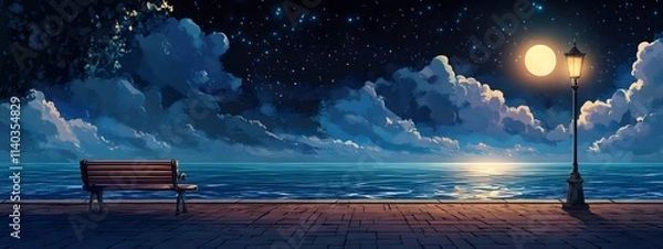 Fototapeta A bench on the seaside promenade, brick floor with streetlights, a cartoon-style night sky, moonlight shining in the distance