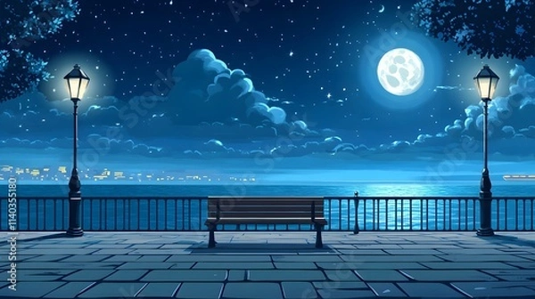 Fototapeta A bench on the seaside promenade, brick floor with streetlights, a cartoon-style night sky, moonlight shining in the distance