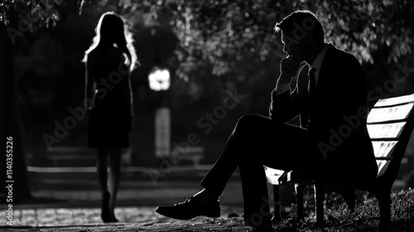 Obraz Silhouetted Figure on a Bench in the Evening