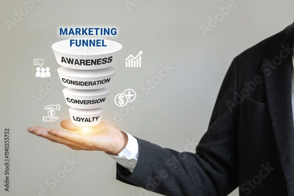 Obraz A businessman holds a pyramid with the word marketing funnel on it. The pyramid has 4 levels, each level has different words written on it. Marketing concept.
