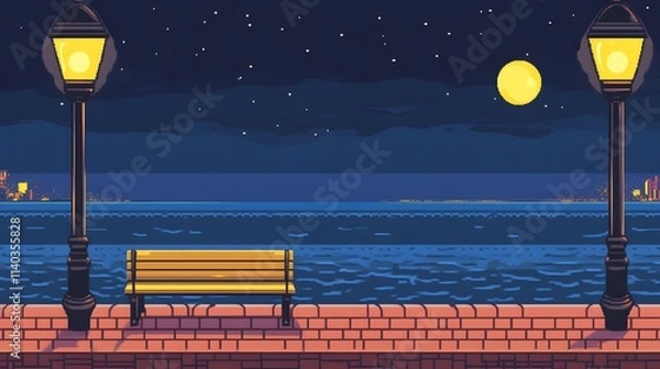 Fototapeta A bench on the seaside promenade, brick floor with streetlights, a cartoon-style night sky, moonlight shining in the distance
