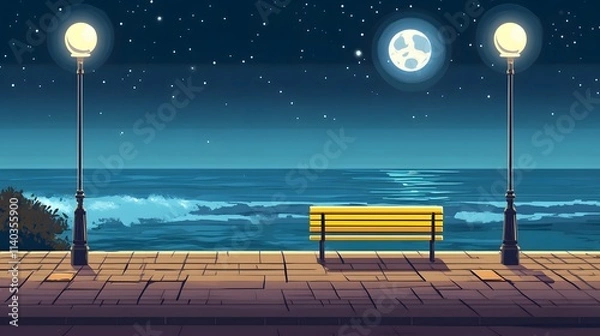 Fototapeta A bench on the seaside promenade, brick floor with streetlights, a cartoon-style night sky, moonlight shining in the distance