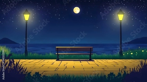 Fototapeta A bench on the seaside promenade, brick floor with streetlights, a cartoon-style night sky, moonlight shining in the distance