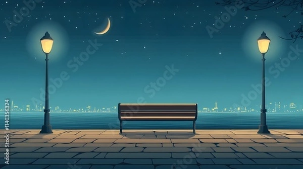 Fototapeta A bench on the seaside promenade, brick floor with streetlights, a cartoon-style night sky, moonlight shining in the distance