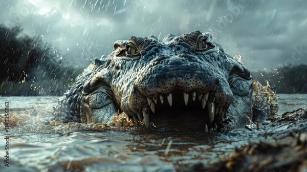 Obraz Large crocodile emerges from murky water during a rainstorm in a lush natural habitat