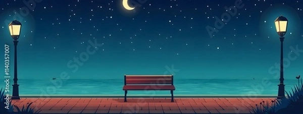 Fototapeta A bench on the seaside promenade, brick floor with streetlights, a cartoon-style night sky, moonlight shining in the distance