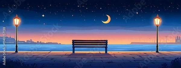 Fototapeta A bench on the seaside promenade, brick floor with streetlights, a cartoon-style night sky, moonlight shining in the distance