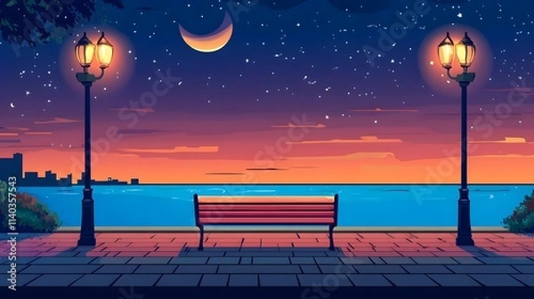 Fototapeta A bench on the seaside promenade, brick floor with streetlights, a cartoon-style night sky, moonlight shining in the distance