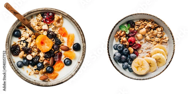 Fototapeta Cooking a wholesome breakfast. Granola with Various dried fruits and nuts in a bowl. The concept of a healthy dessert. Generative AI.
