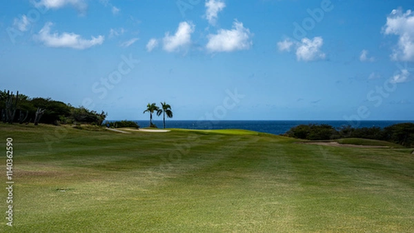 Fototapeta Breathtaking Golf Course in Curaçao: Azure Waters and Palm-Lined Fairways, Capturing the Serene Tropical Paradise and Luxurious Getaway Vibes of this Caribbean Island
