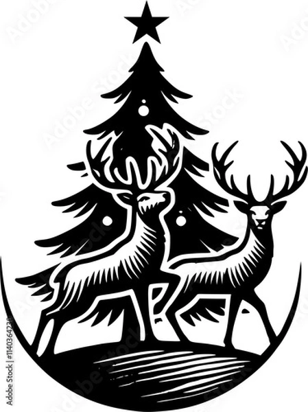Obraz christmas tree with reindeer, christmas tree silhouette