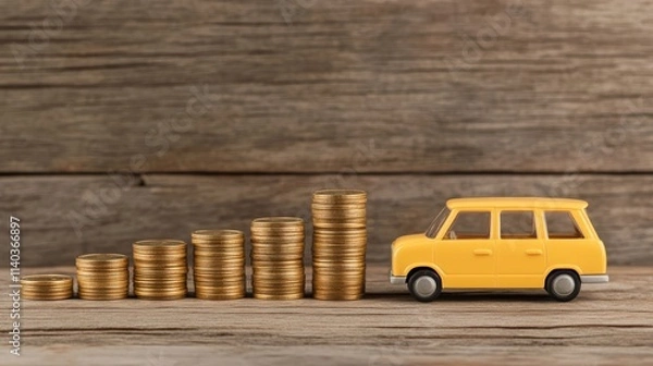 Fototapeta Toy car on a stack of coins, visual representation of saving, investment, and financial planning