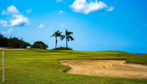Fototapeta Breathtaking Golf Course in Curaçao: Azure Waters and Palm-Lined Fairways, Capturing the Serene Tropical Paradise and Luxurious Getaway Vibes of this Caribbean Island