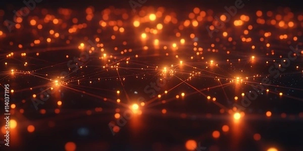 Fototapeta Connected network of nodes with glowing lines, ample blank space, futuristic technology concept, dark background