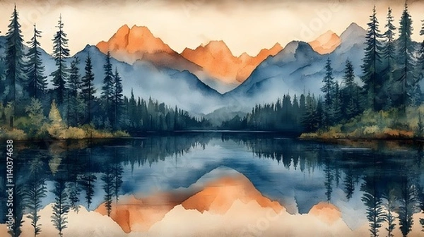 Obraz A painting of a mountain range with a lake in the foreground