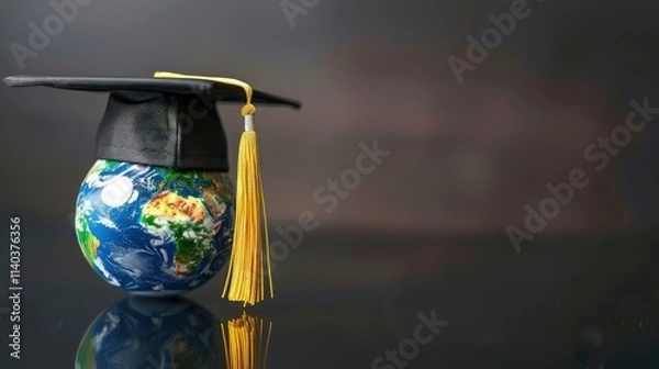 Fototapeta A sleek black graduation cap rests beside a small, intricately detailed globe on a polished wooden table. 