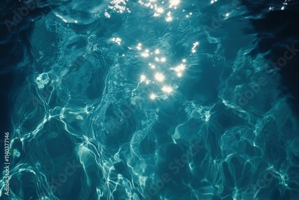 Fototapeta Sunlit water surface with ripples sparkling reflections in a clear pool sea or blue ocean viewed from above
