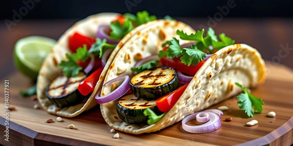 Fototapeta Grilled Vegetable Tacos - Soft tortillas filled with grilled vegetables like zucchini peppers and onions. backdrop background digital art crisp oilpinting minimalist sharp details funny background c