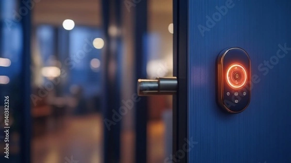 Fototapeta Smart door lock with illuminated keypad at night, modern office interior visible.