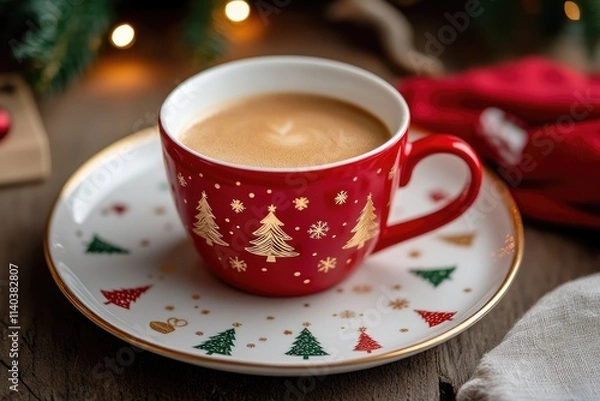 Fototapeta Festive Christmas Coffee In A Red Mug