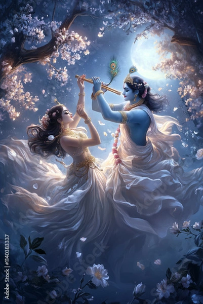Obraz Krishna and Radha Celebrate Love in a Serene Natural Setting at Night