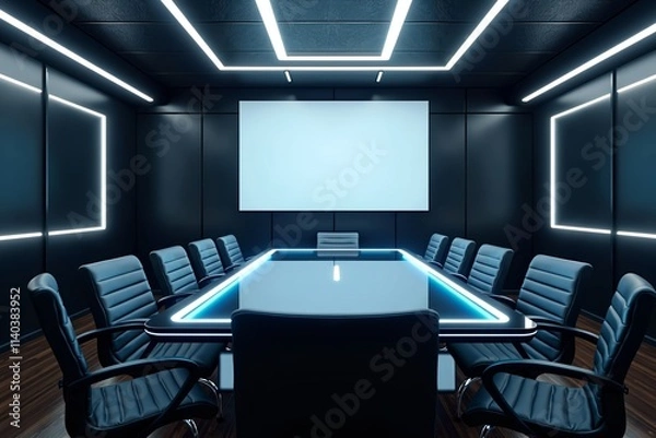 Fototapeta Futuristic meeting room with sleek black walls, LED strip lighting, large blank digital screen, central glass table reflecting neon lights, and modern minimalist chairs, high-tech and sci-fi inspired