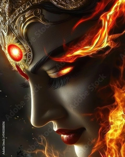 Fototapeta Intense durga maa's closeup portrait glowing fire background digital art dramatic viewpoint spiritual concept