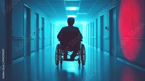 Fototapeta Silhouette of a Person in a Wheelchair in a Dimly Lit Hospital Corridor with Neon Blue and Red Lighting Creating a Dramatic and Introspective Atmosphere