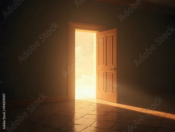 Fototapeta Open Door to the Cosmos: A doorway bathed in sunlight opens onto a starry sky, symbolizing opportunity, transition, and the unknown.