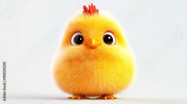 Obraz A cute, fluffy yellow chick with big expressive eyes and a small red comb, exuding charm and playfulness against a soft, neutral background.