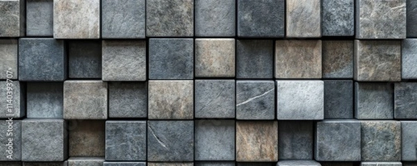 Fototapeta Textured Mosaic Tiles arranged in the shape of a wall. Semigloss, Square, Blocks stacked to create a Natural Stone block background.