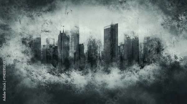 Obraz Urban skyline shrouded in mist and fog, creating a mysterious and atmospheric landscape with a blend of modern architecture and abstract elements.