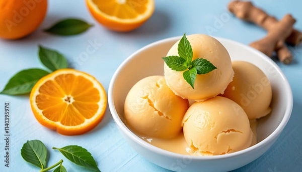 Fototapeta Tangerine and Ginger Sorbet - A refreshing sorbet made with tangy tangerines and fresh ginger. background copyspace