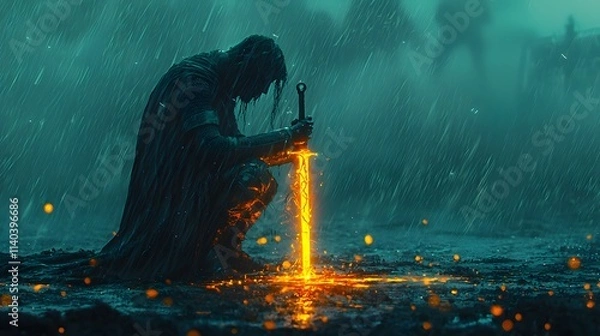 Fototapeta A figure kneeling in the rain, holding a glowing sword with cracks symbolizing their struggles