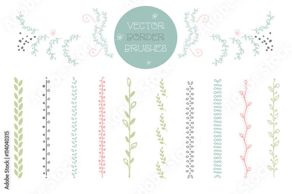 Obraz Set of 10 vector Brushes includes hand drawn floral decorative seamless brushes. Geometric border brushes with outer and inner corner tiles. Vector illustration.